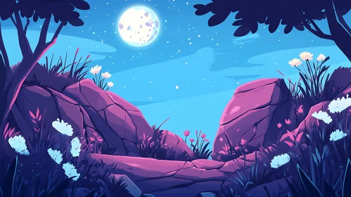 Tranquil Rocky Landscape Under Moonlight