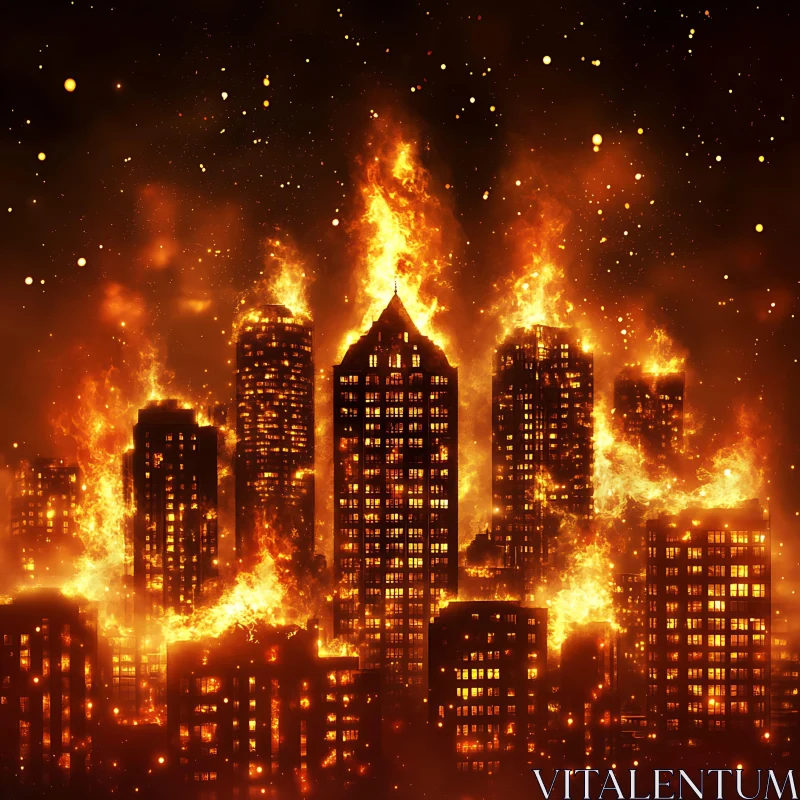 Inferno in the Urban Night: Skyscrapers Ablaze AI Image