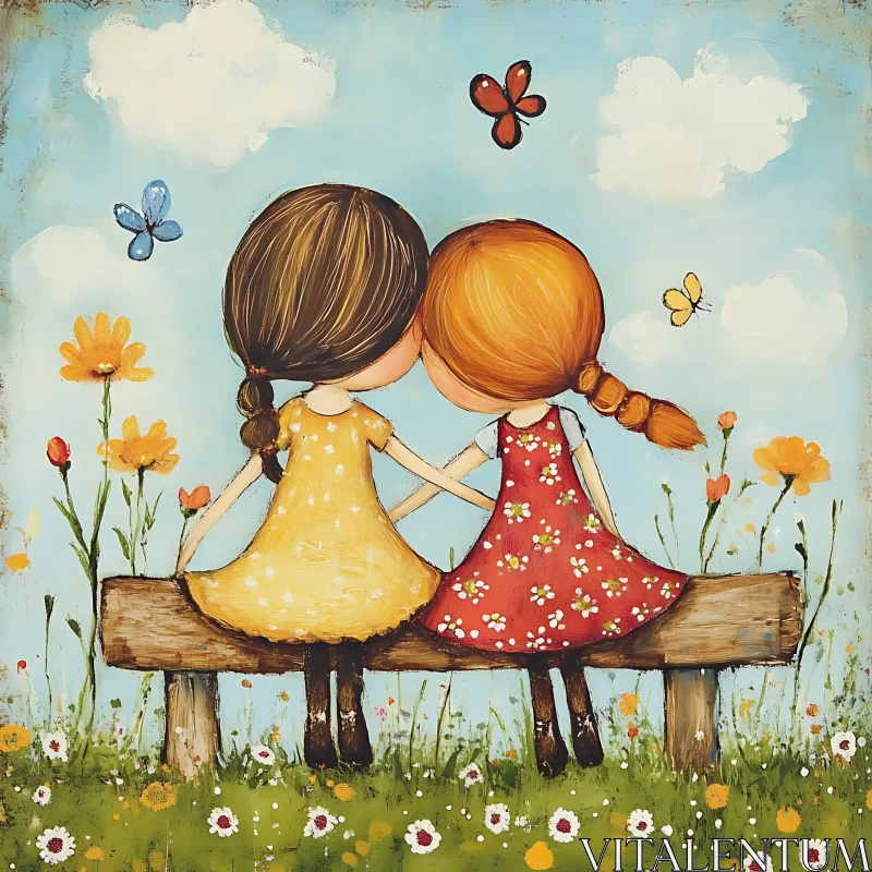 Two Friends on a Bench with Butterflies AI Image