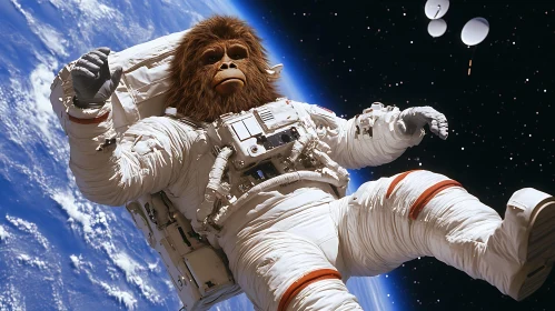 Monkey Astronaut Floating in Space