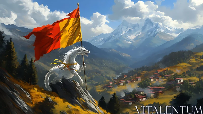 AI ART White Dragon on Mountain with Flag