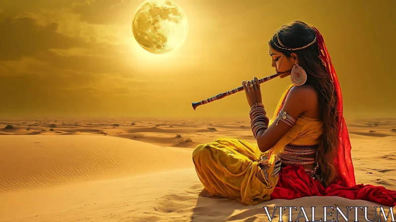 Flute Player in Desert Landscape AI Image