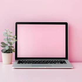 Modern Laptop and Potted Plant on Pink Desk