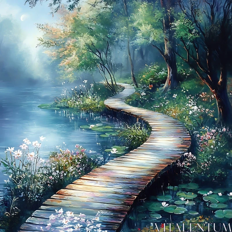 Mystical Woodland Path by Tranquil Waters AI Image