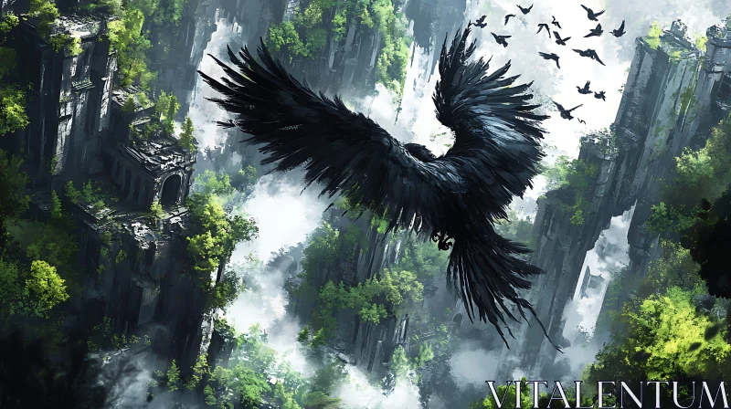 Black Bird Flying in Green Woods AI Image