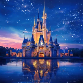 Magical Castle at Night with Water Reflection