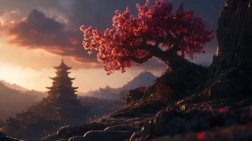 Pink Blossom Tree and Distant Temple