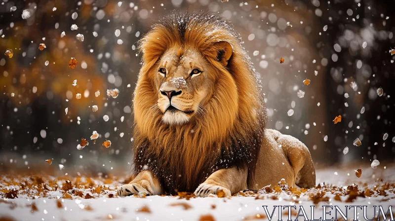 Lion with Snowflakes and Leaves AI Image