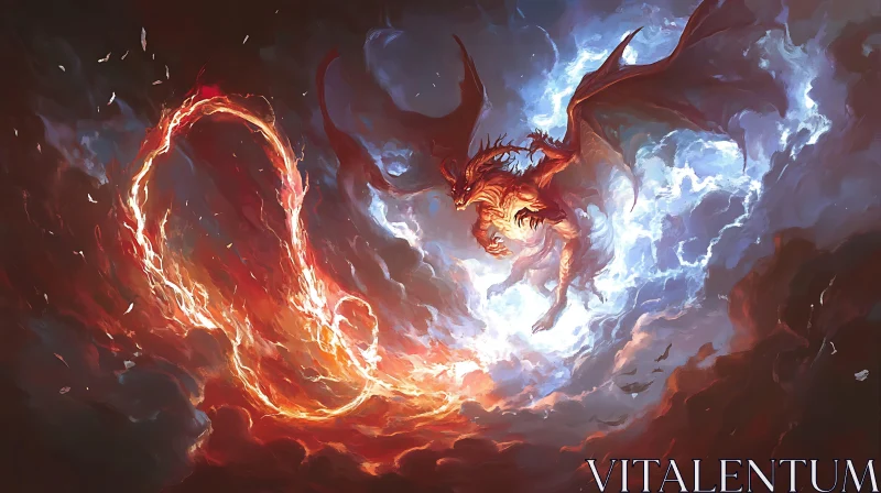 AI ART Dragon in Flight Amidst Fiery Clouds