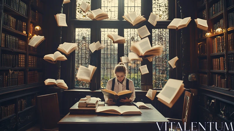 AI ART Woman Reading Surrounded by Floating Books