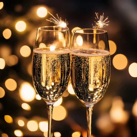 Celebratory Champagne Glasses with Bokeh Lights