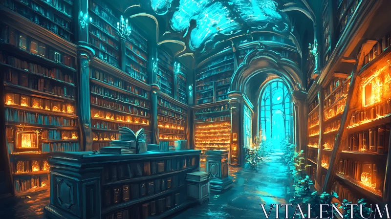 AI ART Mystical Library Interior with Glowing Bookshelves