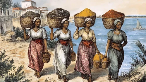 Traditional Women with Baskets Vintage Art