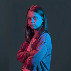 Portrait of Greta Thunberg with Blue and Red Lighting