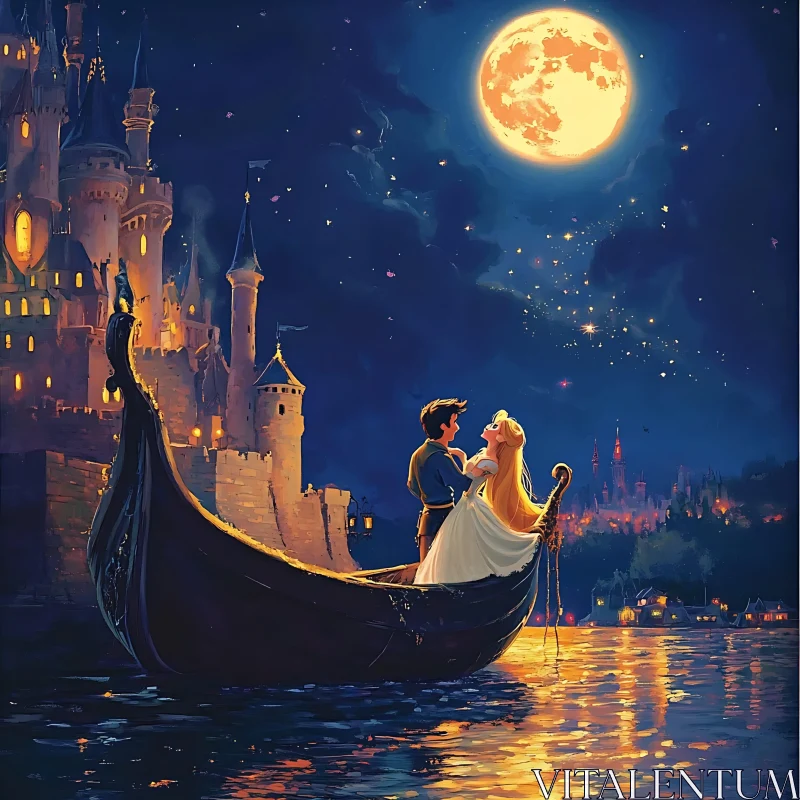 AI ART Couple's Night Under Moonlit Castle