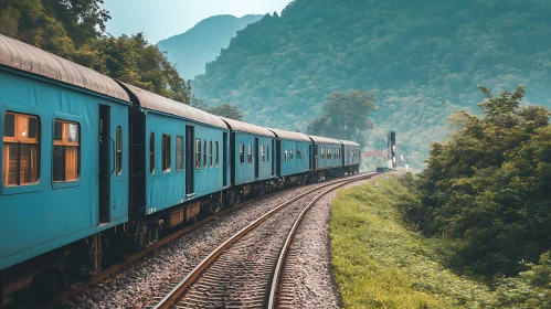 Blue Train Through Green Landscape