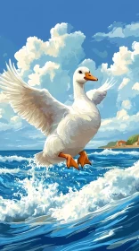 Duck in Flight Above Ocean