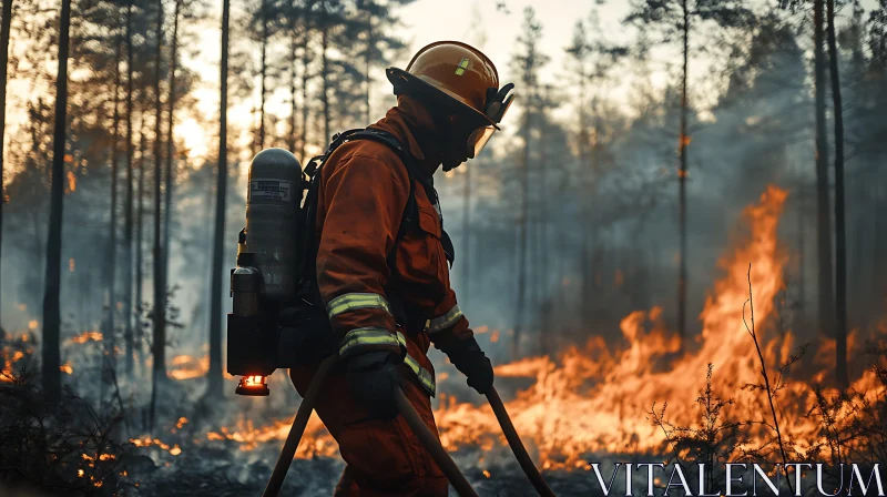 Heroic Firefighter Facing Wildfire in Dense Forest AI Image