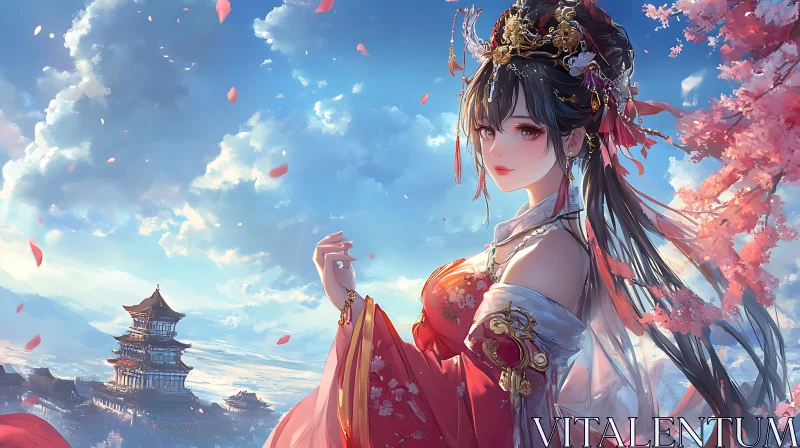 AI ART Anime Woman with Cherry Blossoms and Pagoda