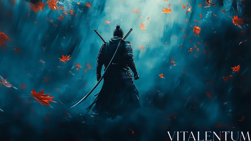 AI ART Lone Samurai with Katana in Falling Leaves