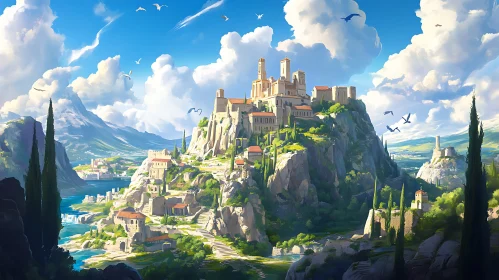 Scenic Hilltop City with Castle in Daylight