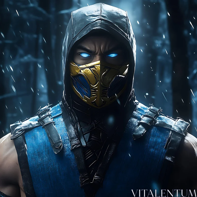 Masked Warrior in Winter Forest AI Image