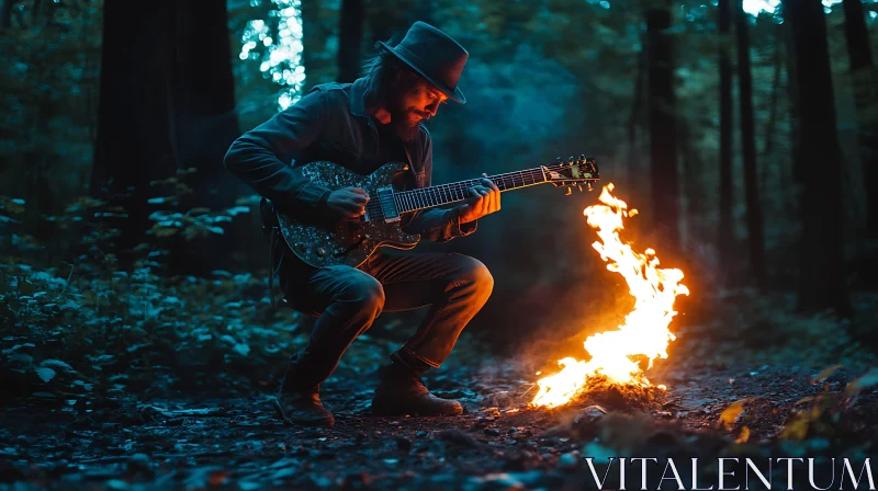 Guitarist by Campfire in Forest AI Image