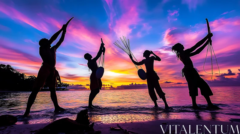 AI ART Sunset Ritual: Silhouette Performers by the Sea