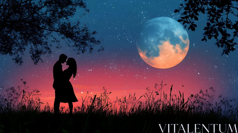 AI ART Silhouette Lovers Under Moonlit Sky