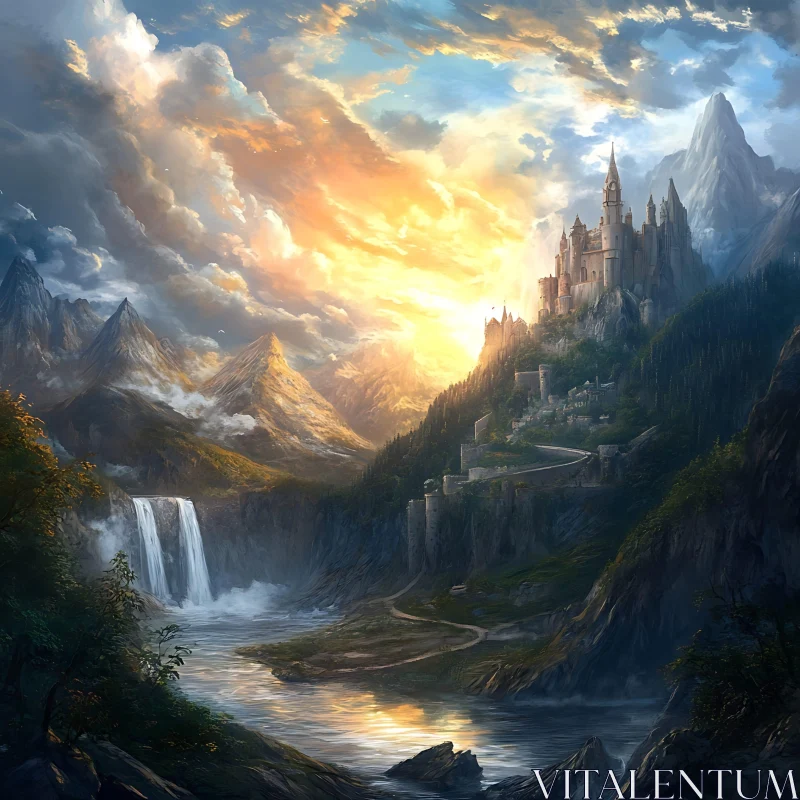 AI ART Scenic View of Castle and Waterfall