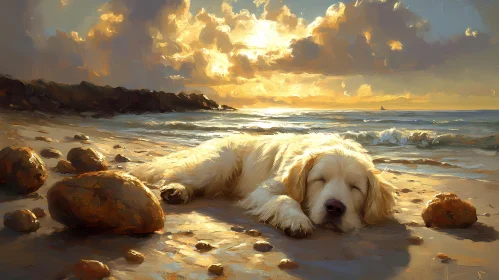 Golden Sunset Beach with Resting Dog