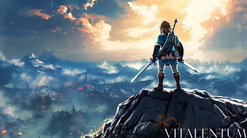 Lone Hero Overlooking Misty Kingdom AI Image