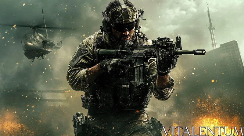 Military Soldier Aiming Rifle in Battlefield AI Image