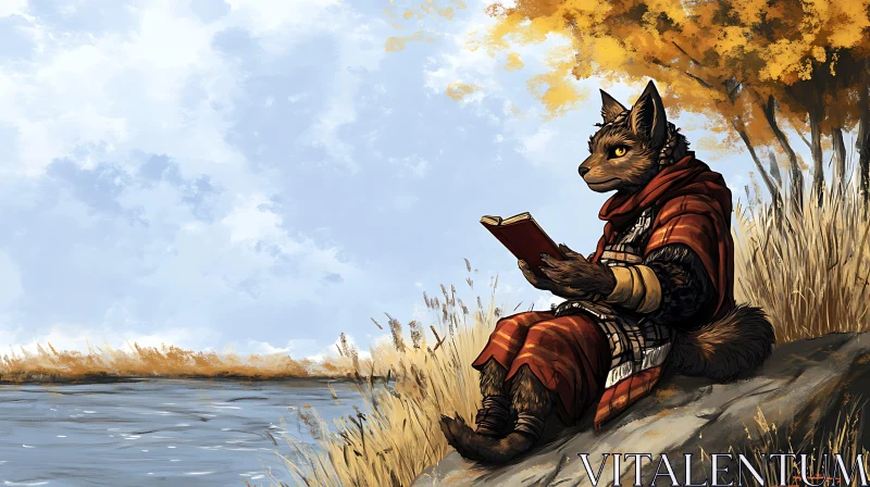 AI ART Anthropomorphic Wolf Enjoying a Book by River