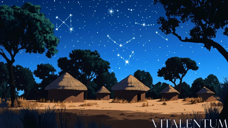 AI ART Constellations Above Thatched Huts