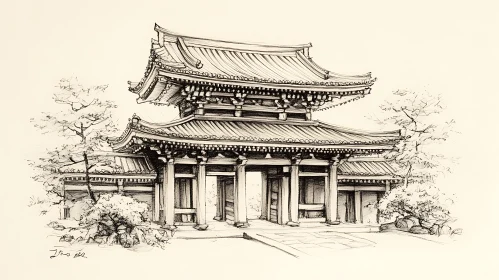 Monochrome Asian Architecture Illustration