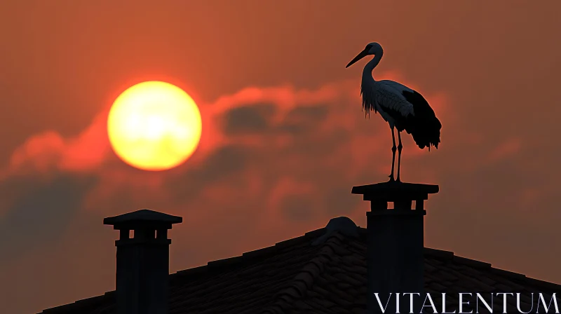 Stork on Roof Sunset AI Image