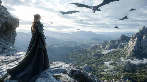 Woman and Dragons in Majestic Scene