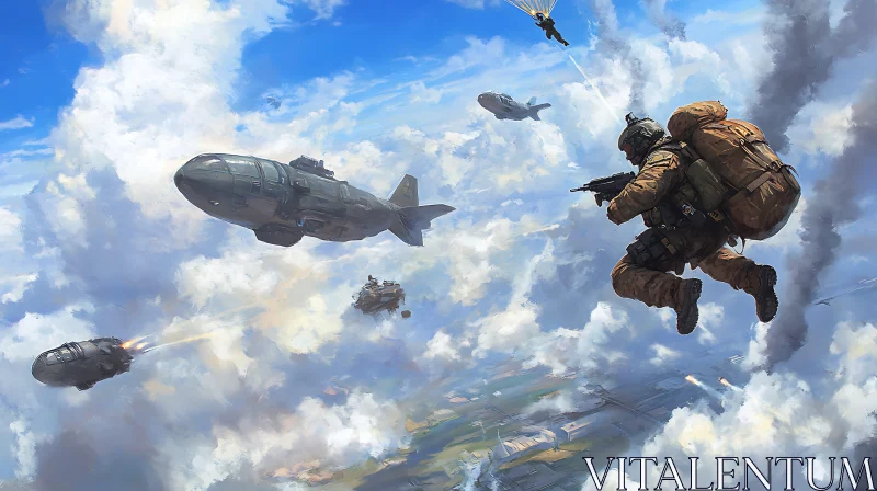 AI ART Aerial Warfare: Soldier Descends Amidst Spaceships