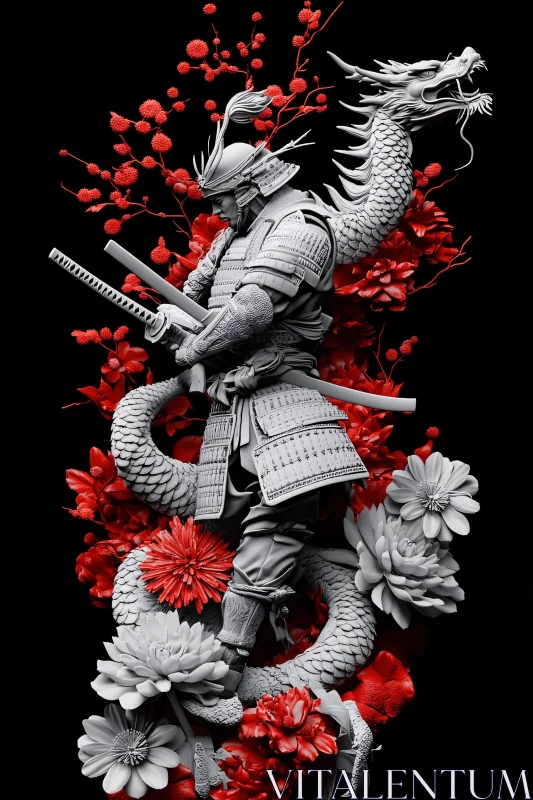 AI ART Warrior with Dragon and Flowers