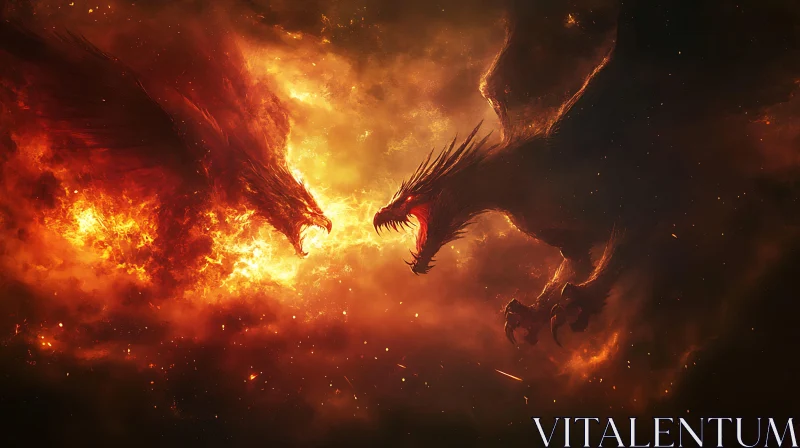 Dragons Confrontation in Fiery Landscape AI Image