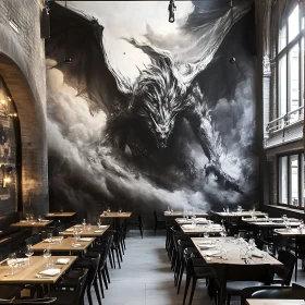 Monochrome Dragon Mural in Restaurant