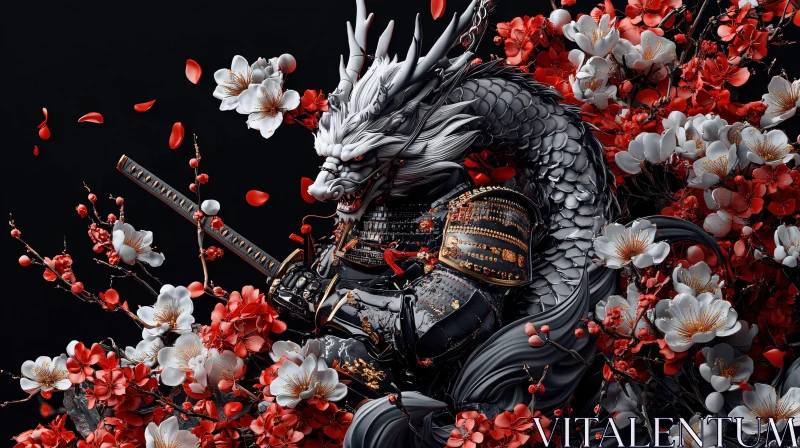 Samurai Dragon with Flowers AI Image