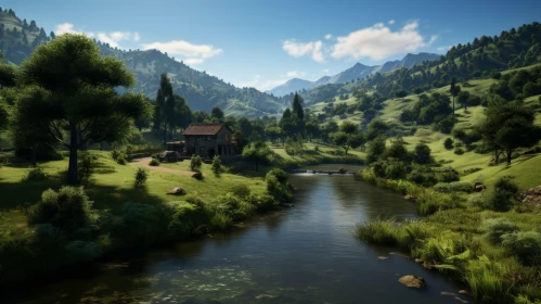 Captivating Scenic Valley with Pond, Houses, and Mountains