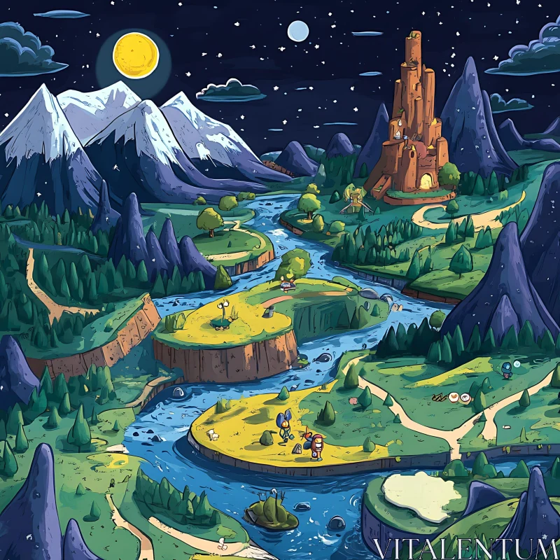 AI ART Whimsical Cartoon Valley at Night