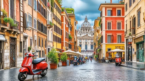 Colorful Street Scene in Rome: Vibrant Cityscape with Red Scooters