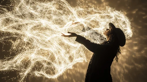 Golden Sparks and Silhouette of Woman