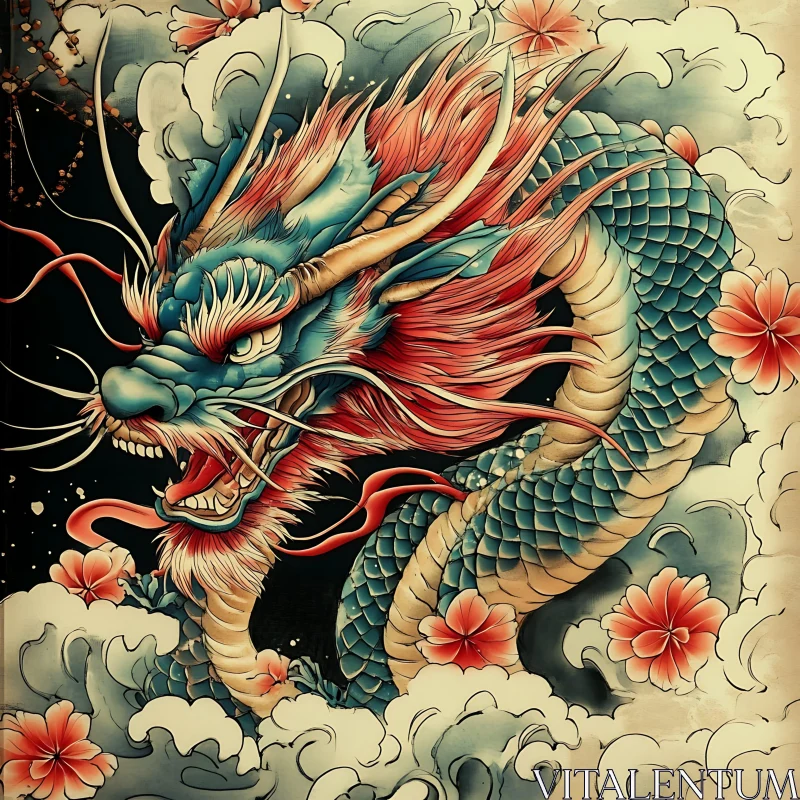 AI ART Crimson Eastern Dragon and Floral Design