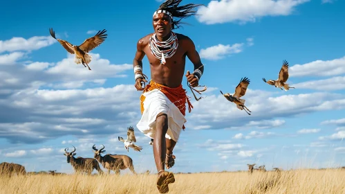 Man Running with Eagles over African Savanna