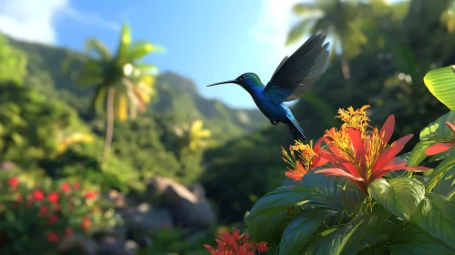 Tropical Bird with Orange Flowers